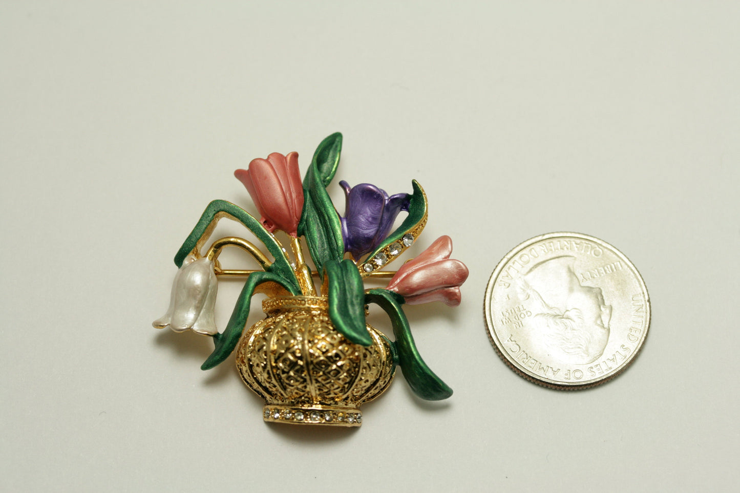 Vintage Enamel Tulips in Gold Antique Vase Brooch Pin, Flower Vase Jewelry Spring Flower Brooch