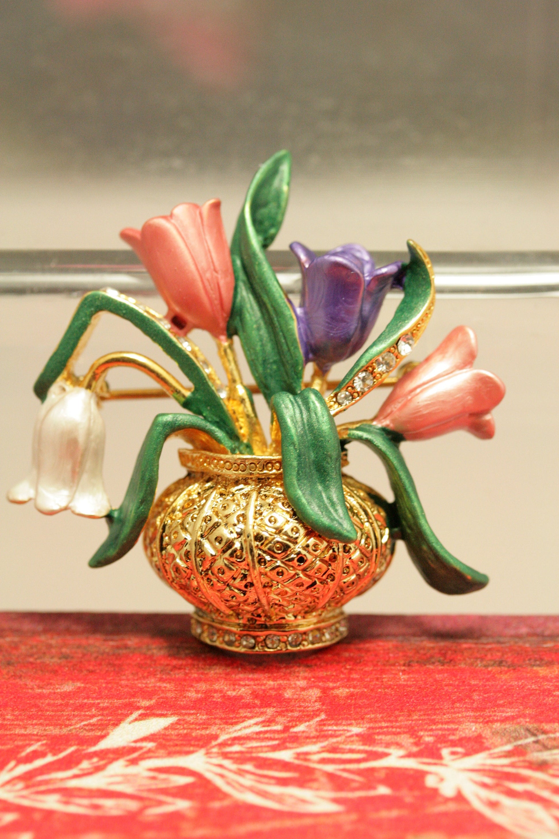 Vintage Enamel Tulips in Gold Antique Vase Brooch Pin, Flower Vase Jewelry Spring Flower Brooch