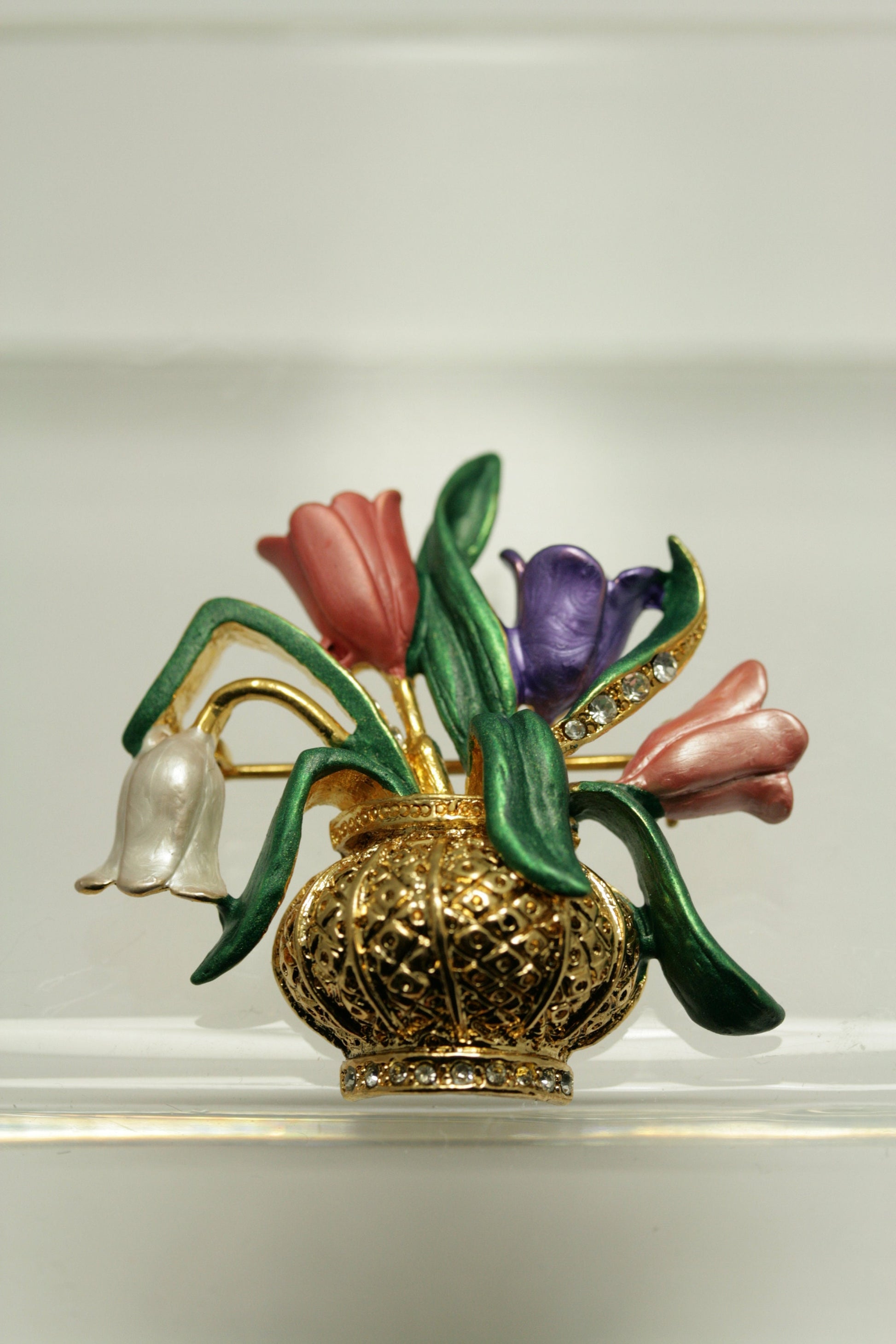 Vintage Enamel Tulips in Gold Antique Vase Brooch Pin, Flower Vase Jewelry Spring Flower Brooch