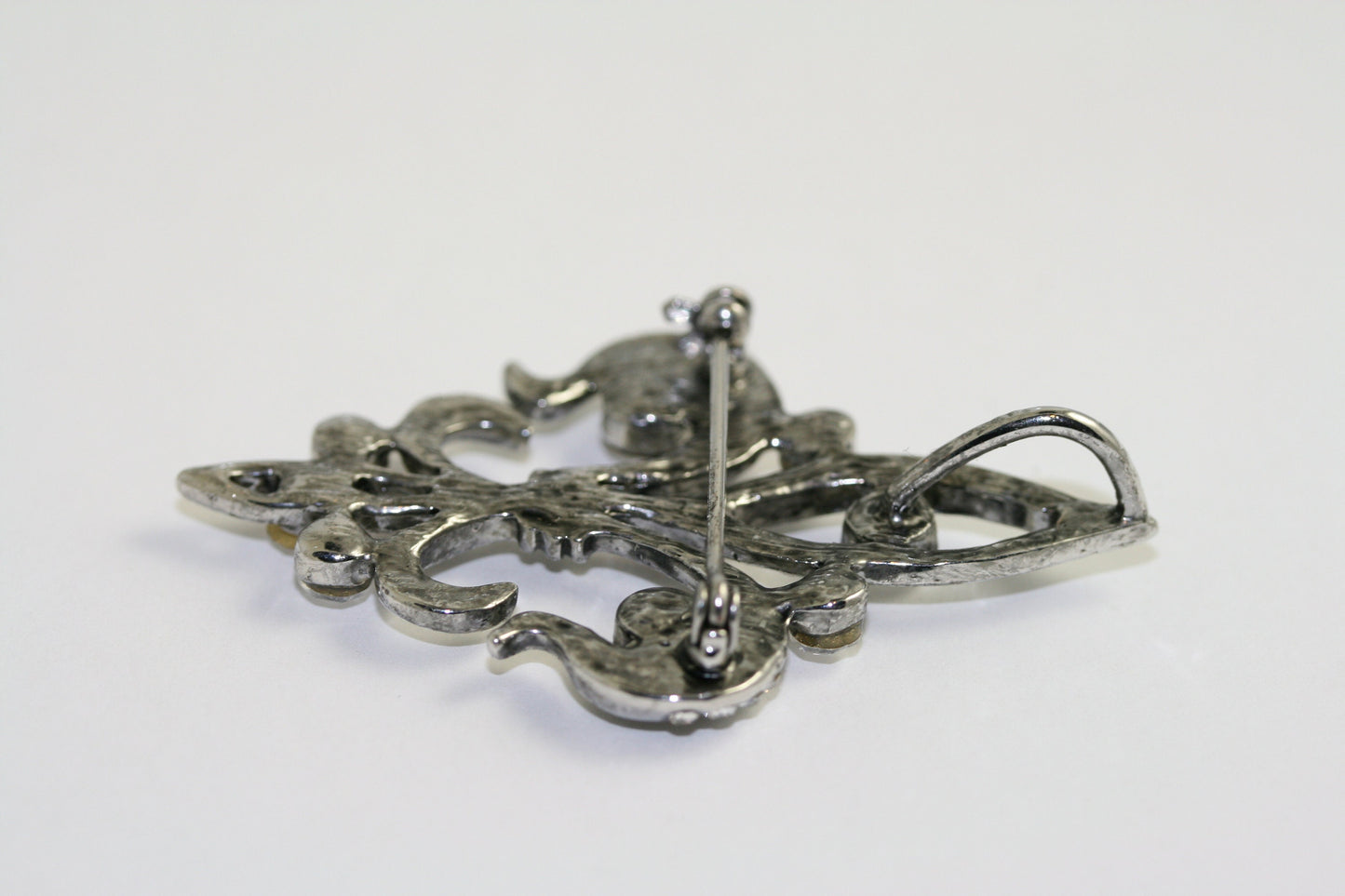 Rhinestone Antique Silver, Gold Tone Fleur de Lis Mardi Gras Pin and Pendant with Crystals