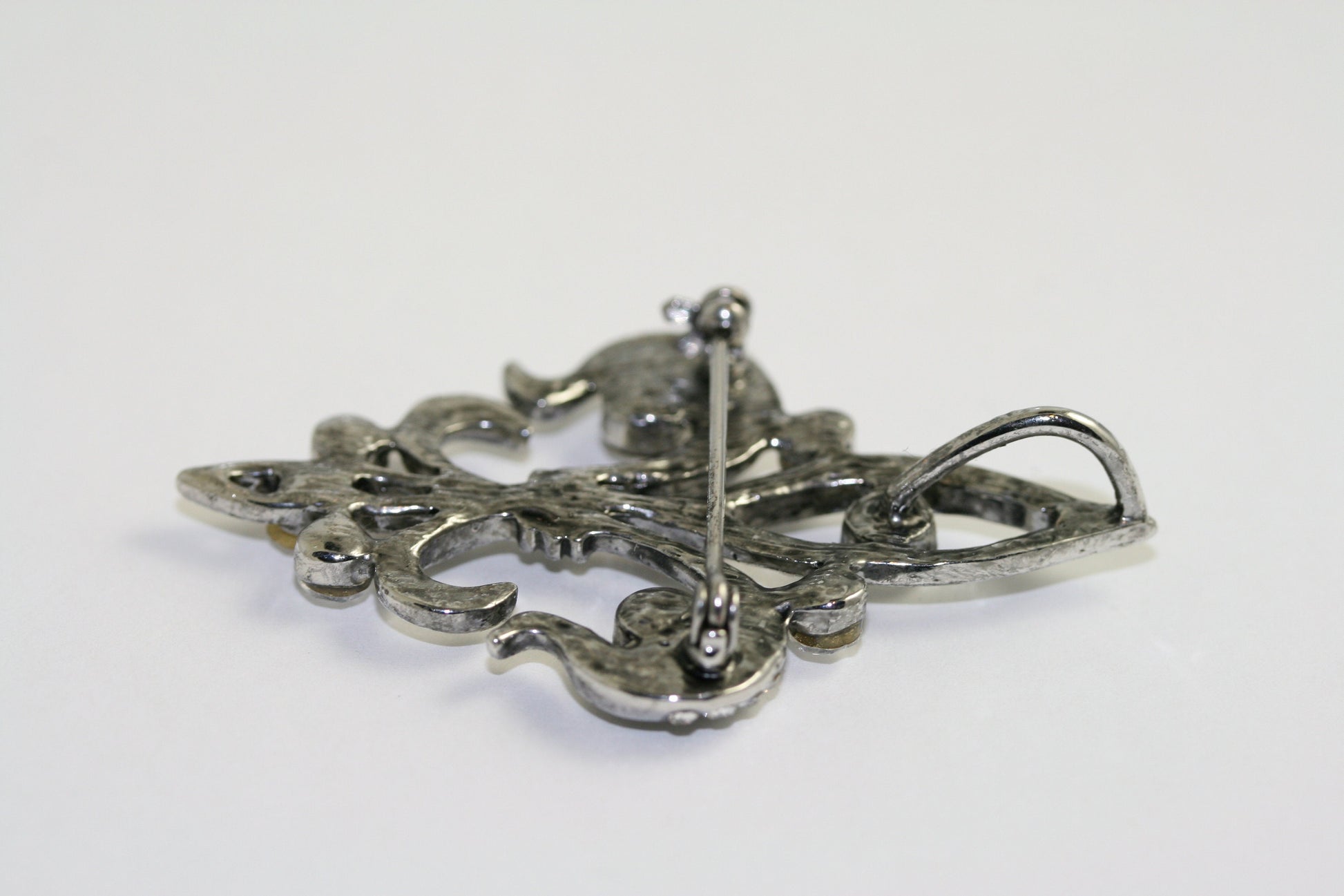 Rhinestone Antique Silver, Gold Tone Fleur de Lis Mardi Gras Pin and Pendant with Crystals