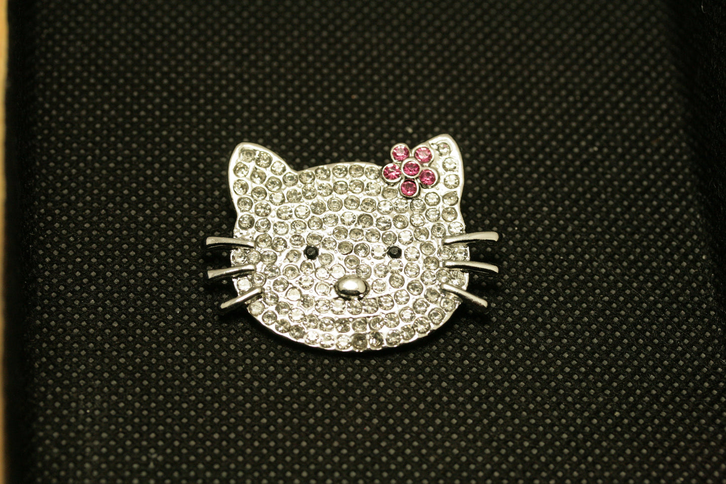 Silver Hello Kitty Rhinestone Brooch, Cat Pin with Pink Flower Kitty Bling, Crystal Hello Kitty Earrings