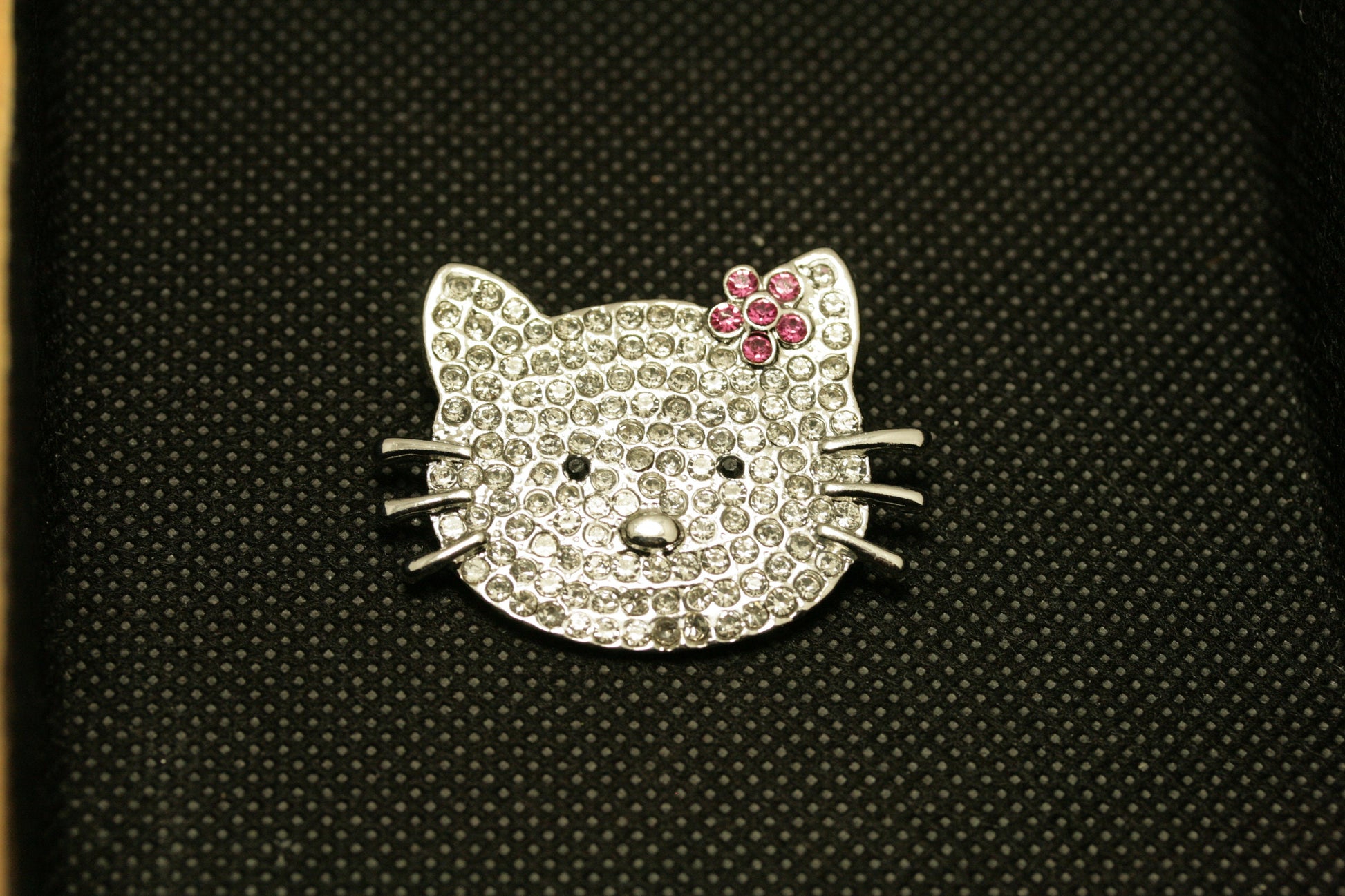 Silver Hello Kitty Rhinestone Brooch, Cat Pin with Pink Flower Kitty Bling, Crystal Hello Kitty Earrings