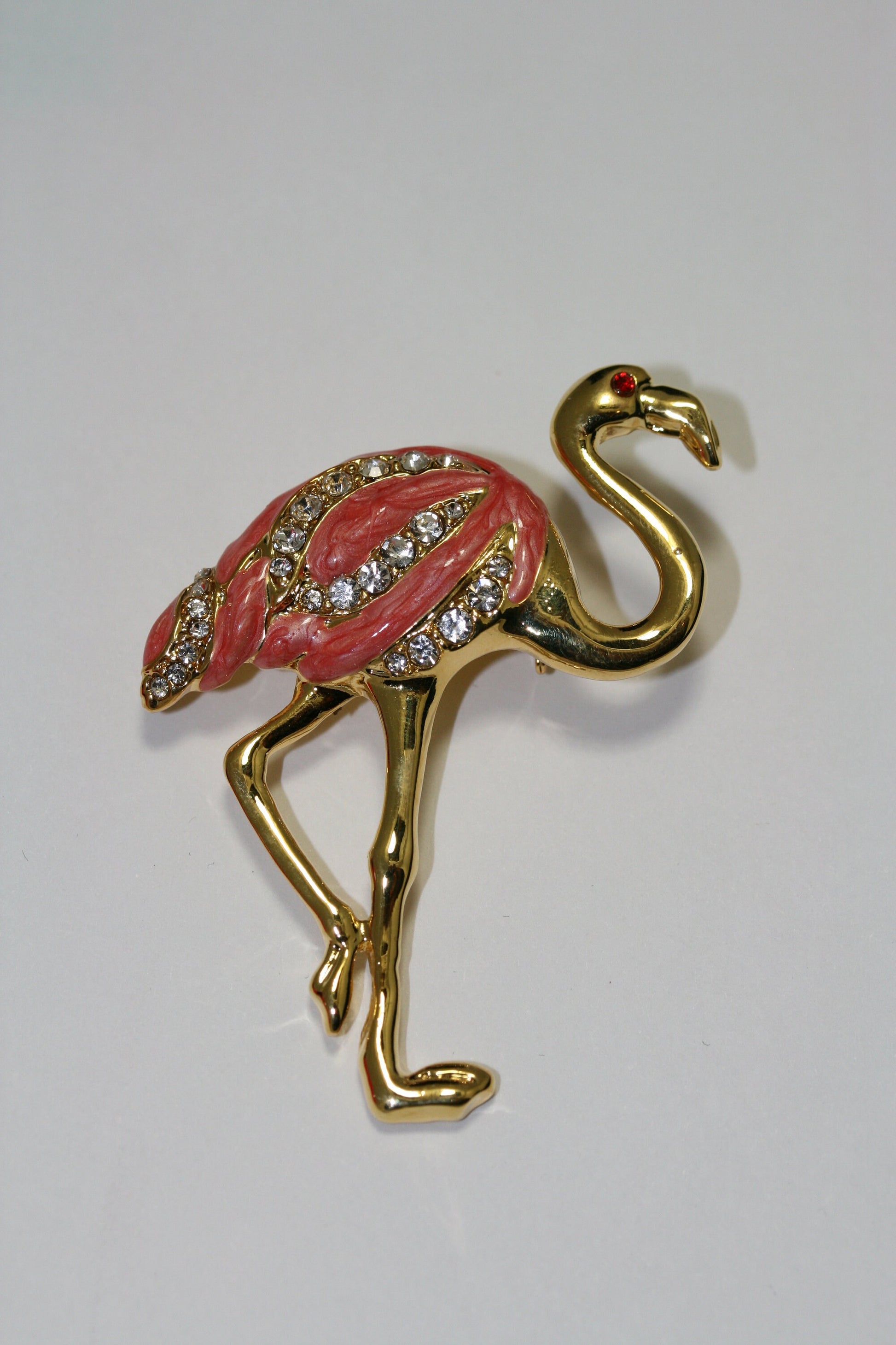 Vintage Pink Flamingo Brooch Pin Crystal Enamel Tropical Island Bird Gold Plated