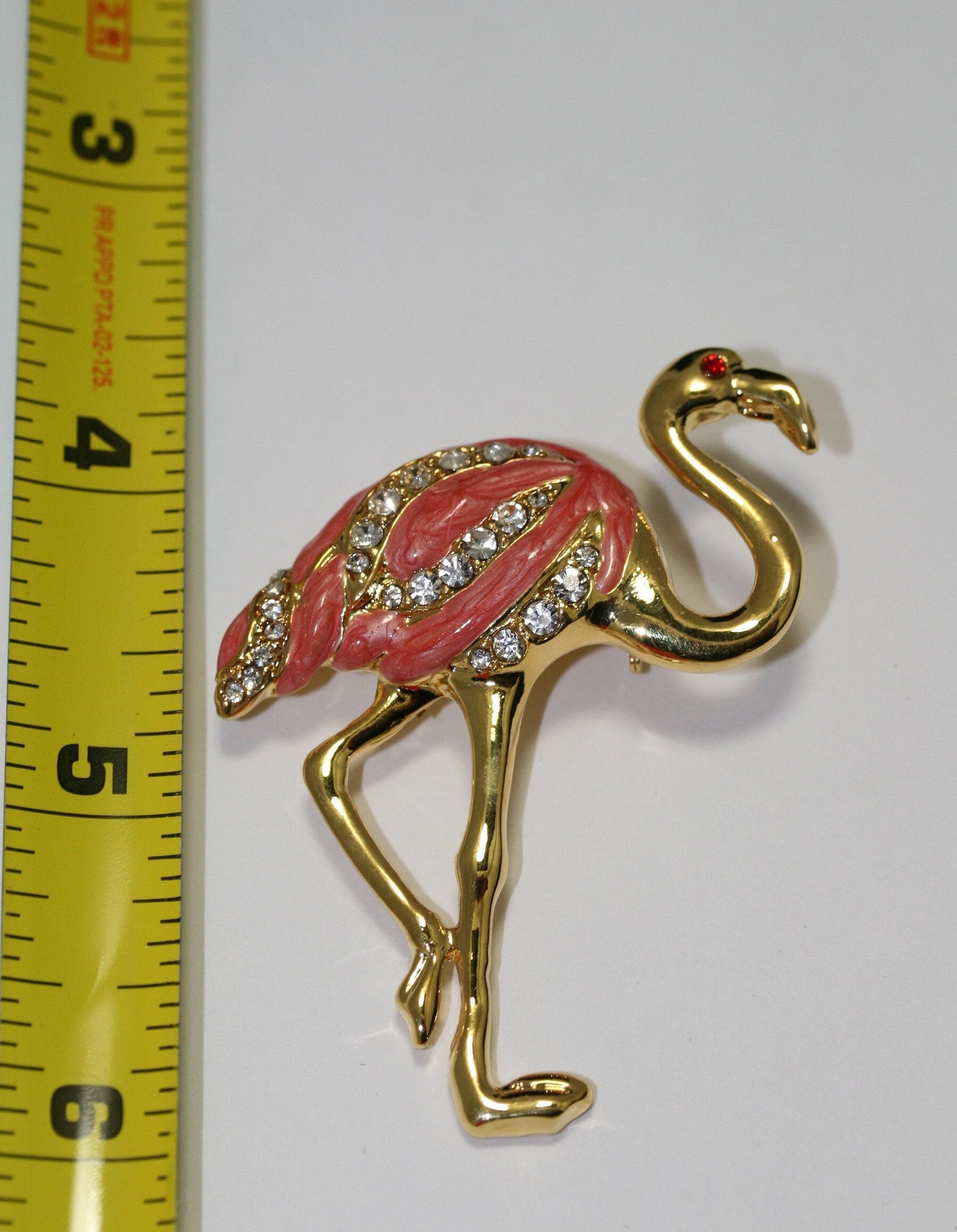 Vintage Pink Flamingo Brooch Pin Crystal Enamel Tropical Island Bird Gold Plated