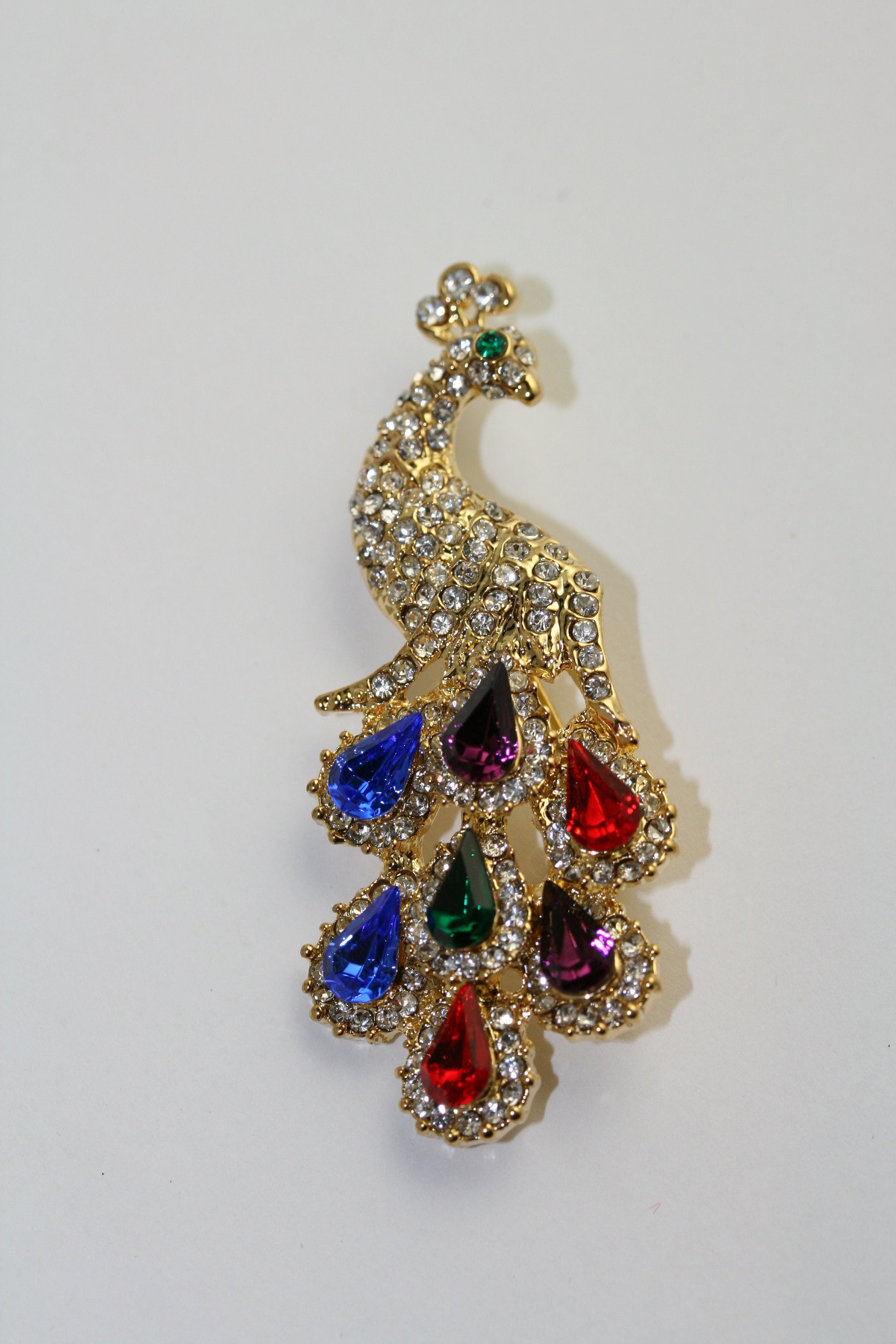 Vintage Hand Made Diamond Ruby Emerald Sapphire Amethyst Rhinestone Peacock Pin Brooch, Crystal Peacock Brooch Jewelry Gift