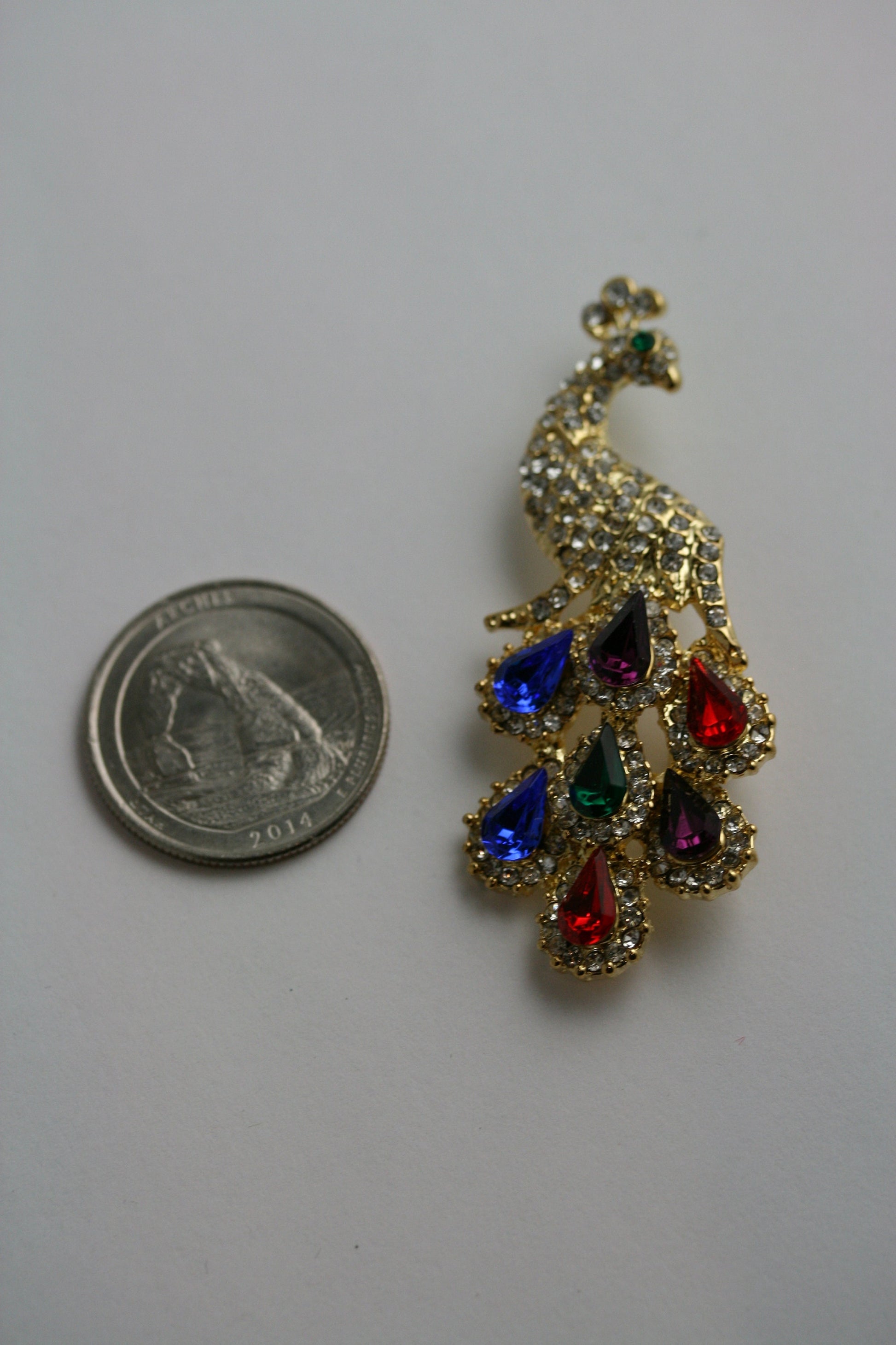 Vintage Hand Made Diamond Ruby Emerald Sapphire Amethyst Rhinestone Peacock Pin Brooch, Crystal Peacock Brooch Jewelry Gift