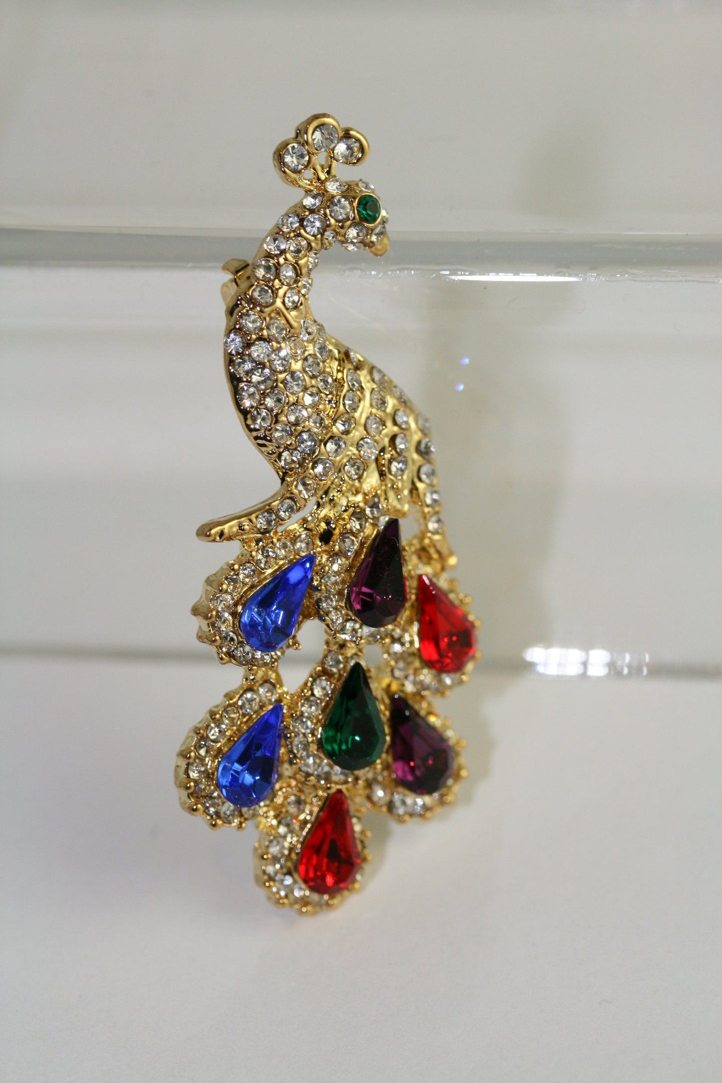 Vintage Hand Made Diamond Ruby Emerald Sapphire Amethyst Rhinestone Peacock Pin Brooch, Crystal Peacock Brooch Jewelry Gift