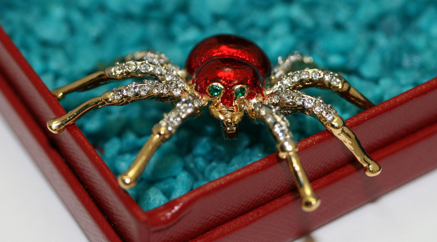 Halloween Spider Pin Brooch Red Enamel Diamond Crystals Rhinestones Insect Bug