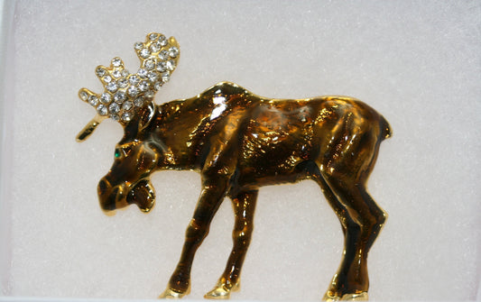 Vintage Moose Pin Crystal Accents on Antlers Brown Gold Tone Moose Brooch, Wild Animal Brooch Jewelry