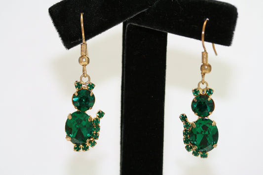 Vintage Green Rhinestone Cat Dangle Earring, Crystal Cat Earrings, Halloween Earrings