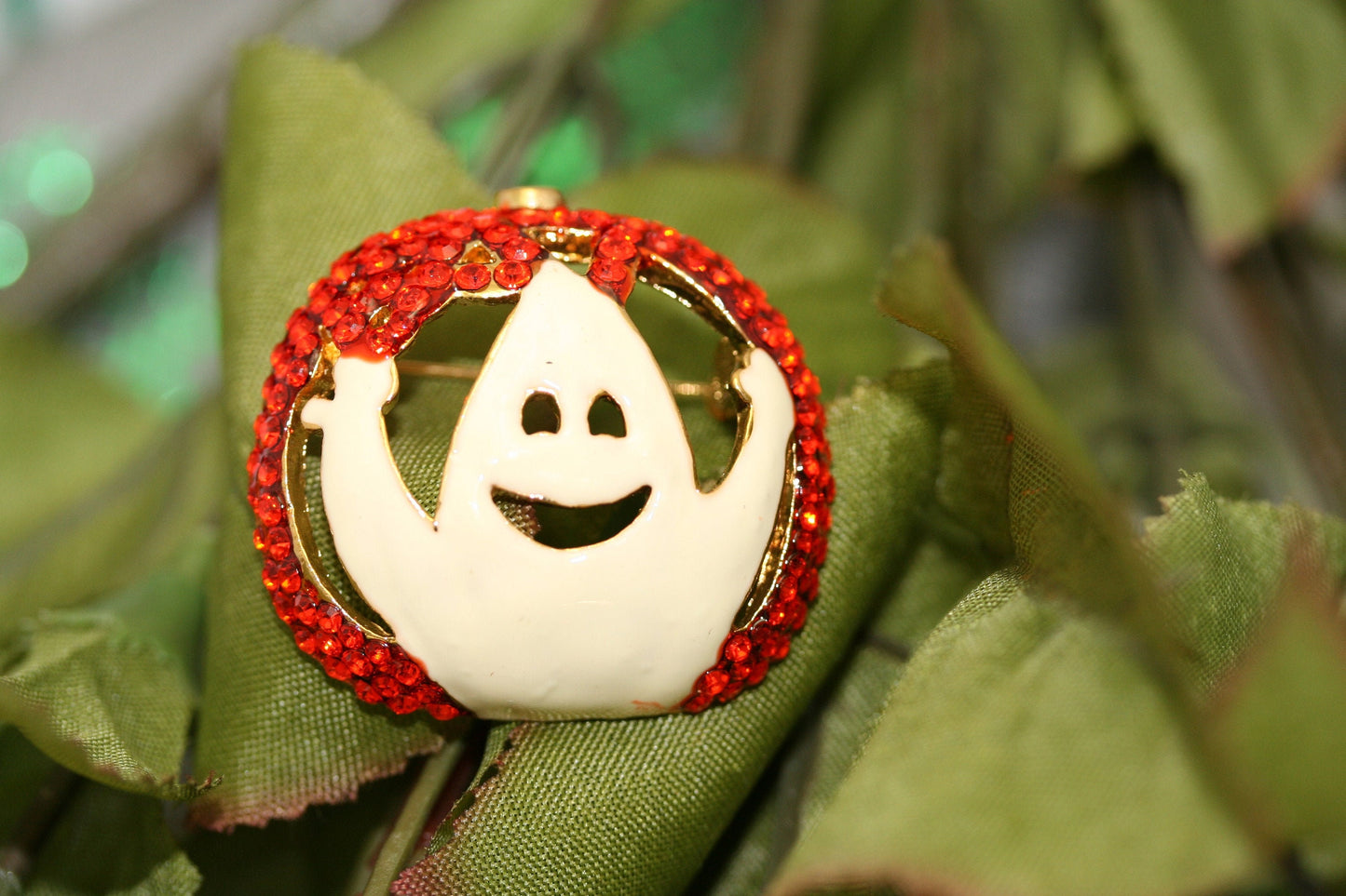 Rhinestone Halloween Orange Color Pumpkin White Enamel Ghost Brooch Pin Jewelry