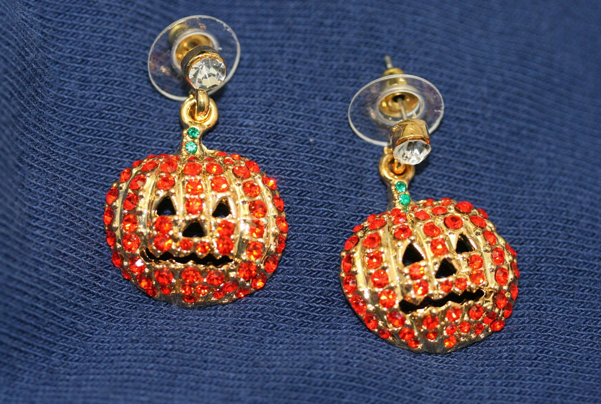 Halloween Pumpkin Drop Dangle Earrings with Orange Crystal Rhinestones, Halloween Earrings, Pumpkin Earrings