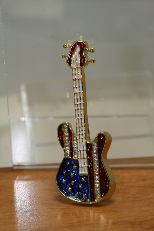 USA Patriotic Flag Guitar Red White Blue Brooch Pin