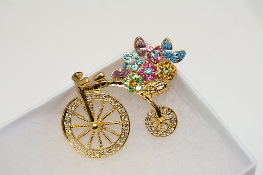 Flower Basket Crystal Bicycle Pin Brooch