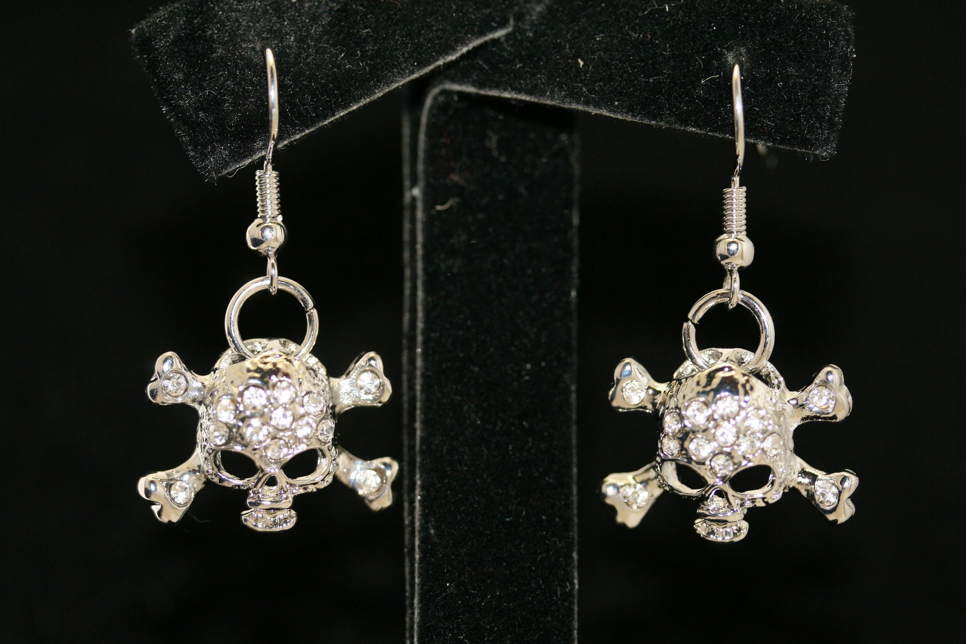 Vintage Rhinestone Antique Silver Skull & Crossbones Earrings for Pierced Ears Pirate Themed