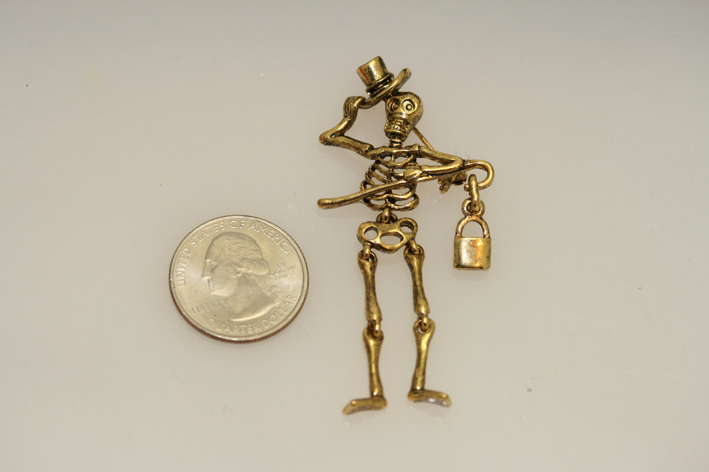 Vintage Jewelry Adorable Antique Gold Tone Moveable Skeleton Halloween Pin Brooch