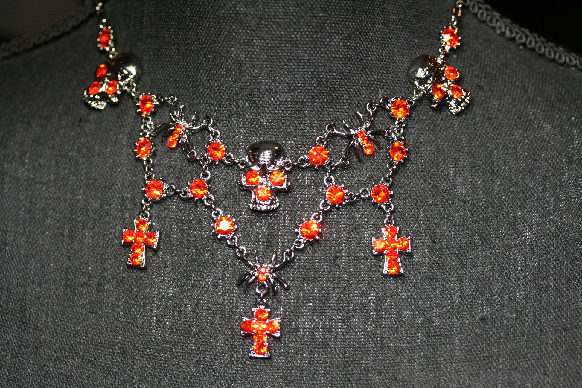 Halloween Rhinestone Spider Skull Choker Necklace Vintage Cross Jewelry