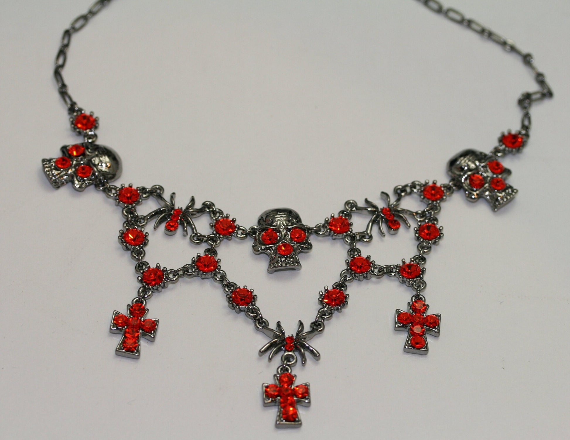 Halloween Rhinestone Spider Skull Choker Necklace Vintage Cross Jewelry