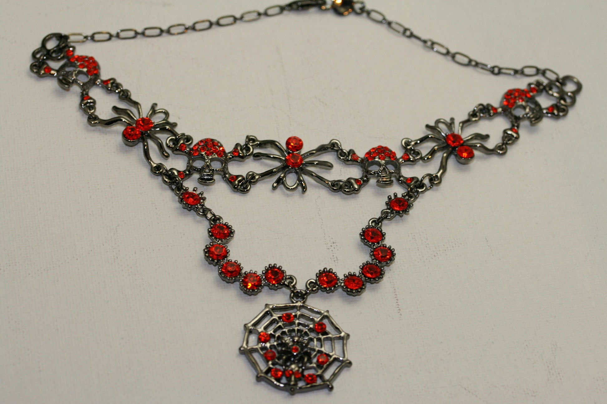 Vintage Halloween Rhinestone Spider, Web, Skull Choker Necklace Jewelry