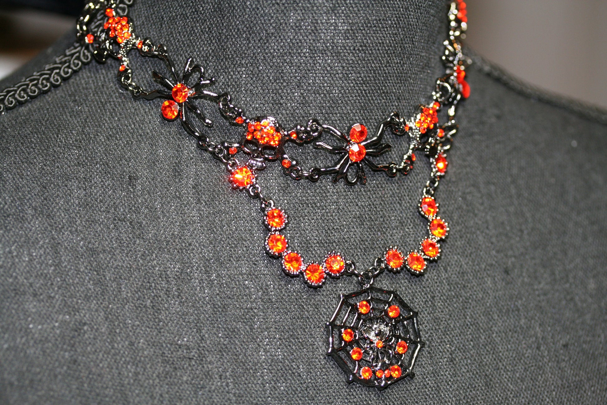 Vintage Halloween Rhinestone Spider, Web, Skull Choker Necklace Jewelry