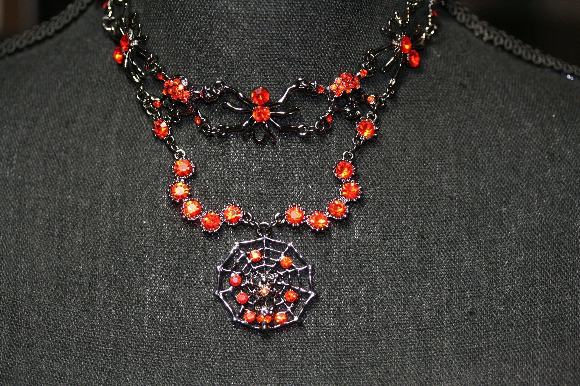 Vintage Halloween Rhinestone Spider, Web, Skull Choker Necklace Jewelry