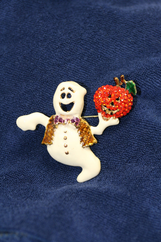 Ghost Pumpkin Pin Halloween Casper Austrian Rhinestone Crystal Brooch Pin