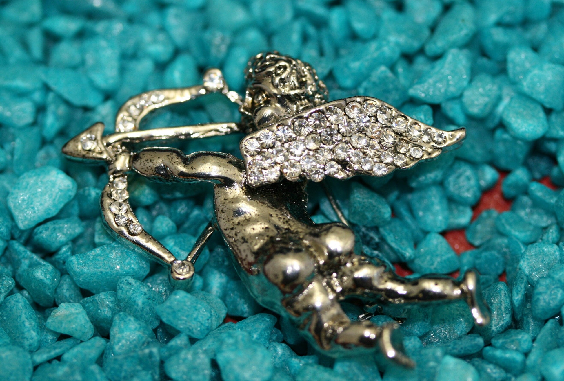 Rhinestone Antique Silver Angel Brooch. Cupid Arrow Brooch. Holiday Angel Pin. Jewelry for Women