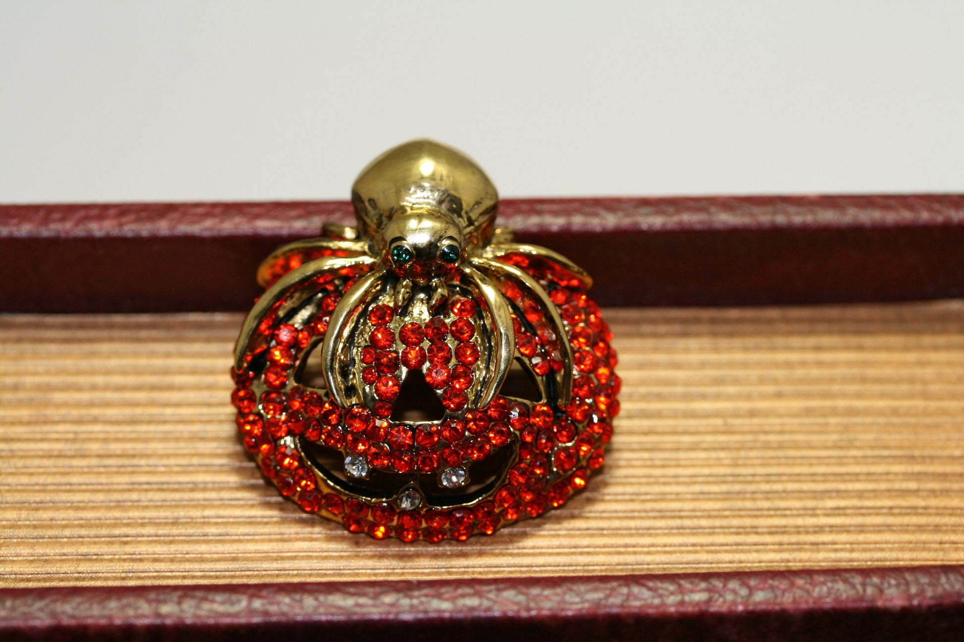 Vintage Rhinestone Halloween Orange Pumpkin with Spider Crystal Pin Brooch, Crystal Pumpkin Brooch, Crystal Spider Pin