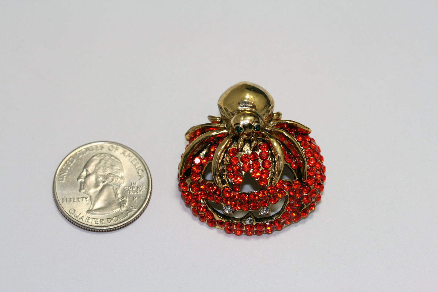Vintage Rhinestone Halloween Orange Pumpkin with Spider Crystal Pin Brooch, Crystal Pumpkin Brooch, Crystal Spider Pin