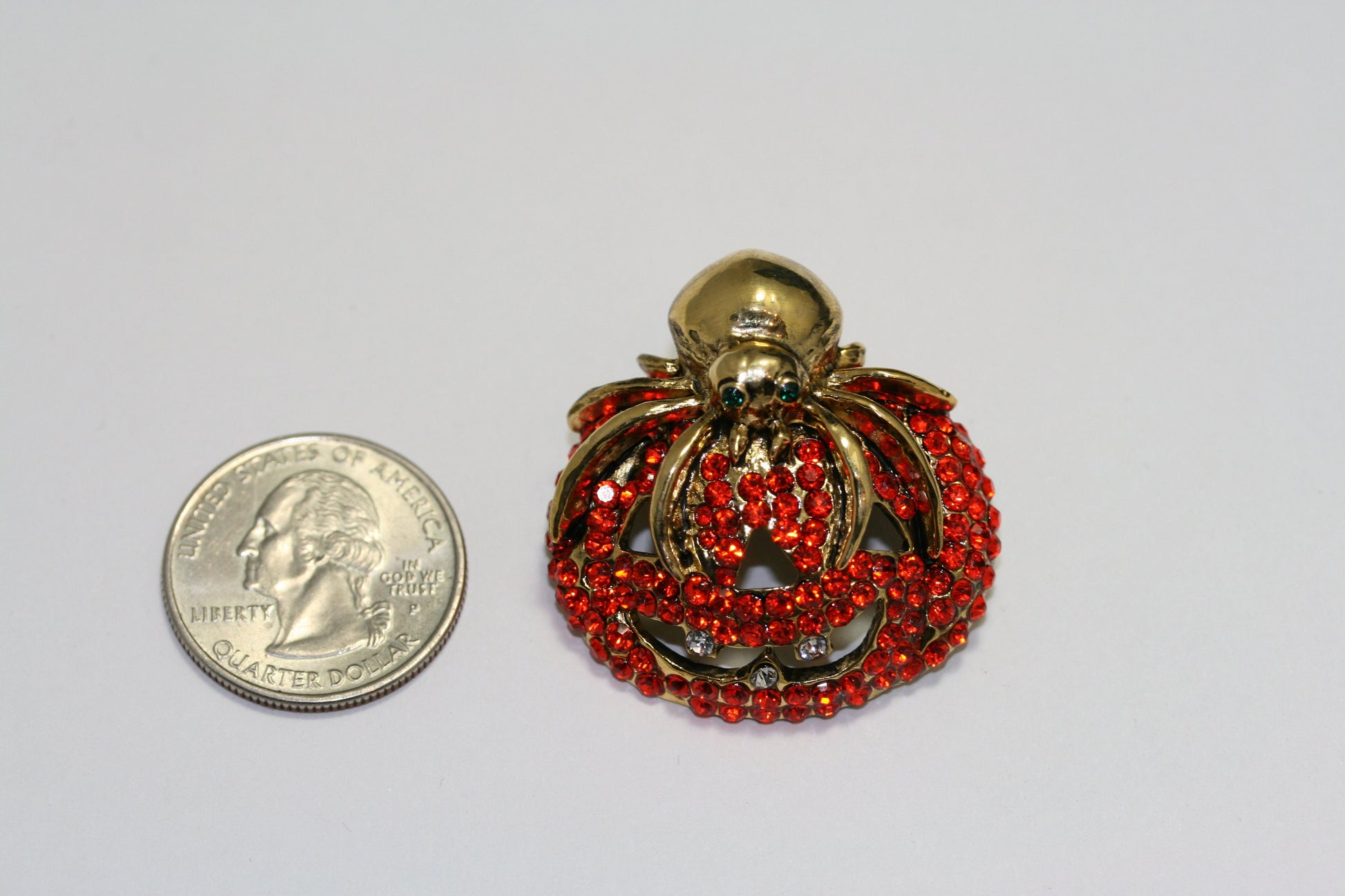 Vintage Rhinestone Halloween Orange Pumpkin with Spider Crystal Pin Brooch, Crystal Pumpkin Brooch, Crystal Spider Pin