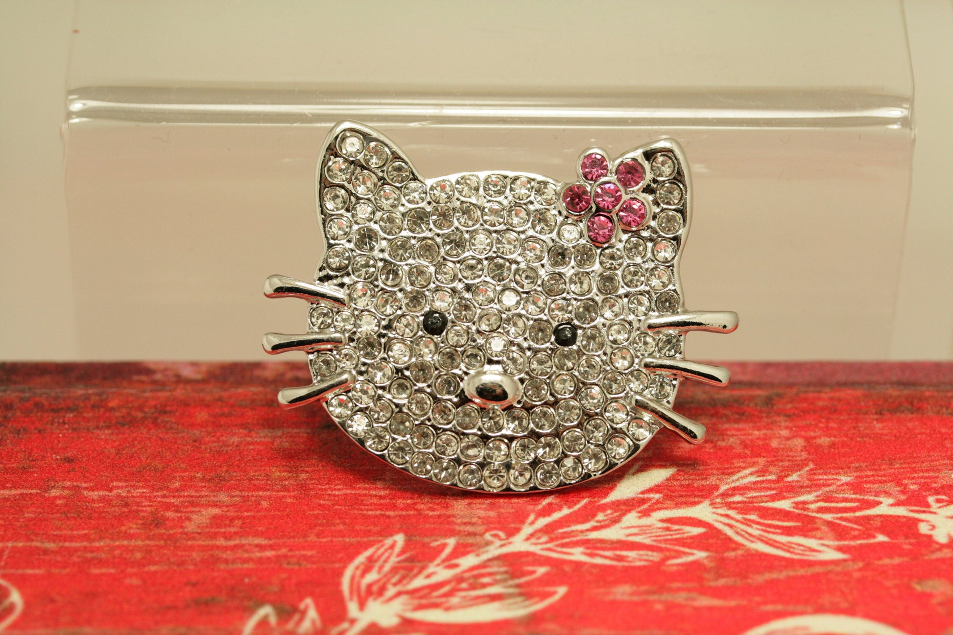 Silver Hello Kitty Rhinestone Brooch, Cat Pin with Pink Flower Kitty Bling, Crystal Hello Kitty Earrings
