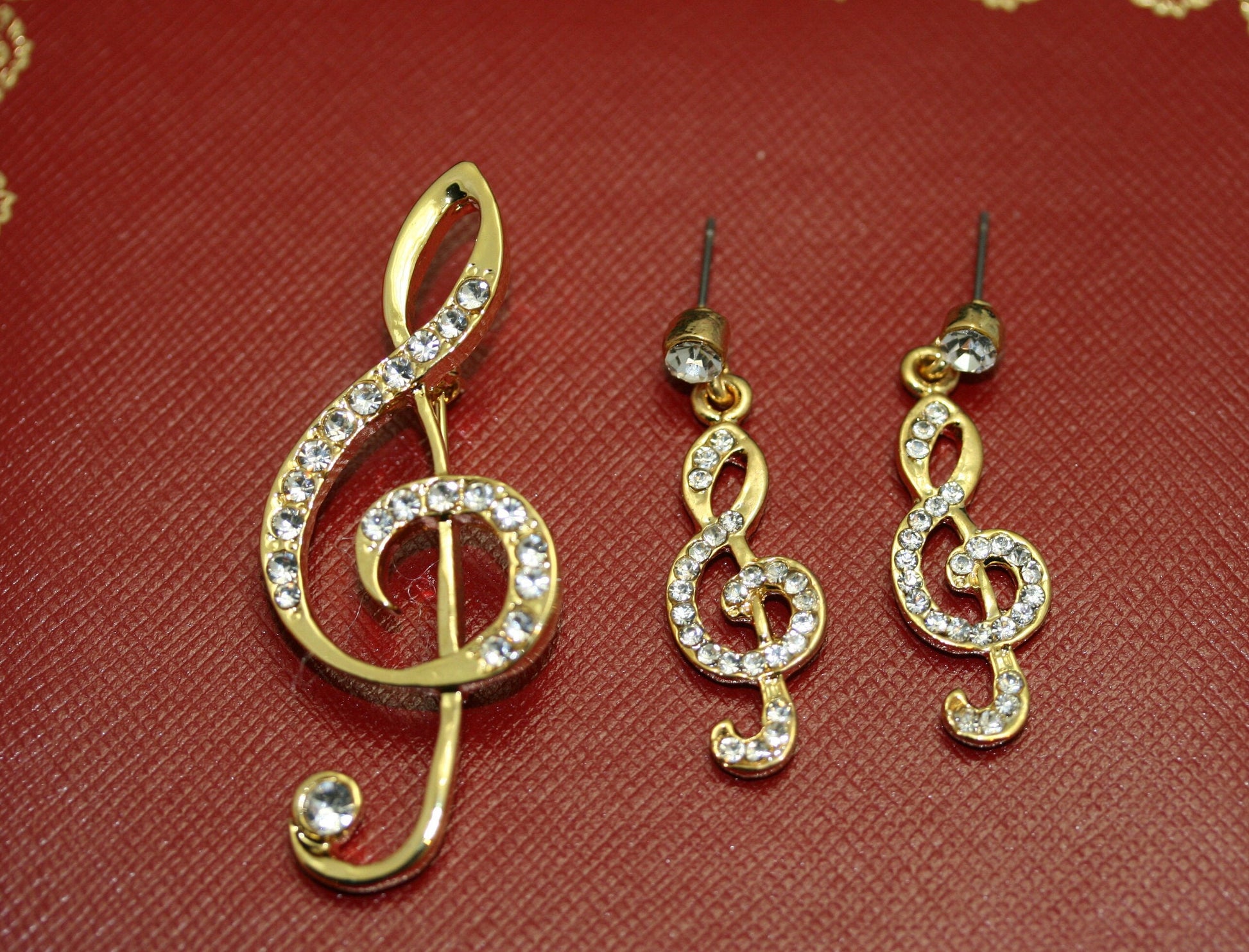 Rhinestone Music Note Brooch/pin With Matching Post Dangle Earring, Gold Music Note Jewelry Set