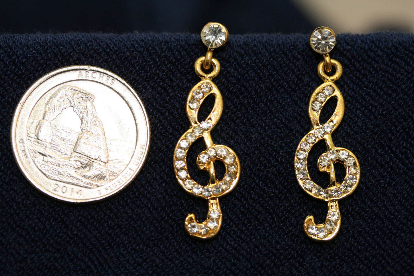 Rhinestone Music Note Brooch/pin With Matching Post Dangle Earring, Gold Music Note Jewelry Set