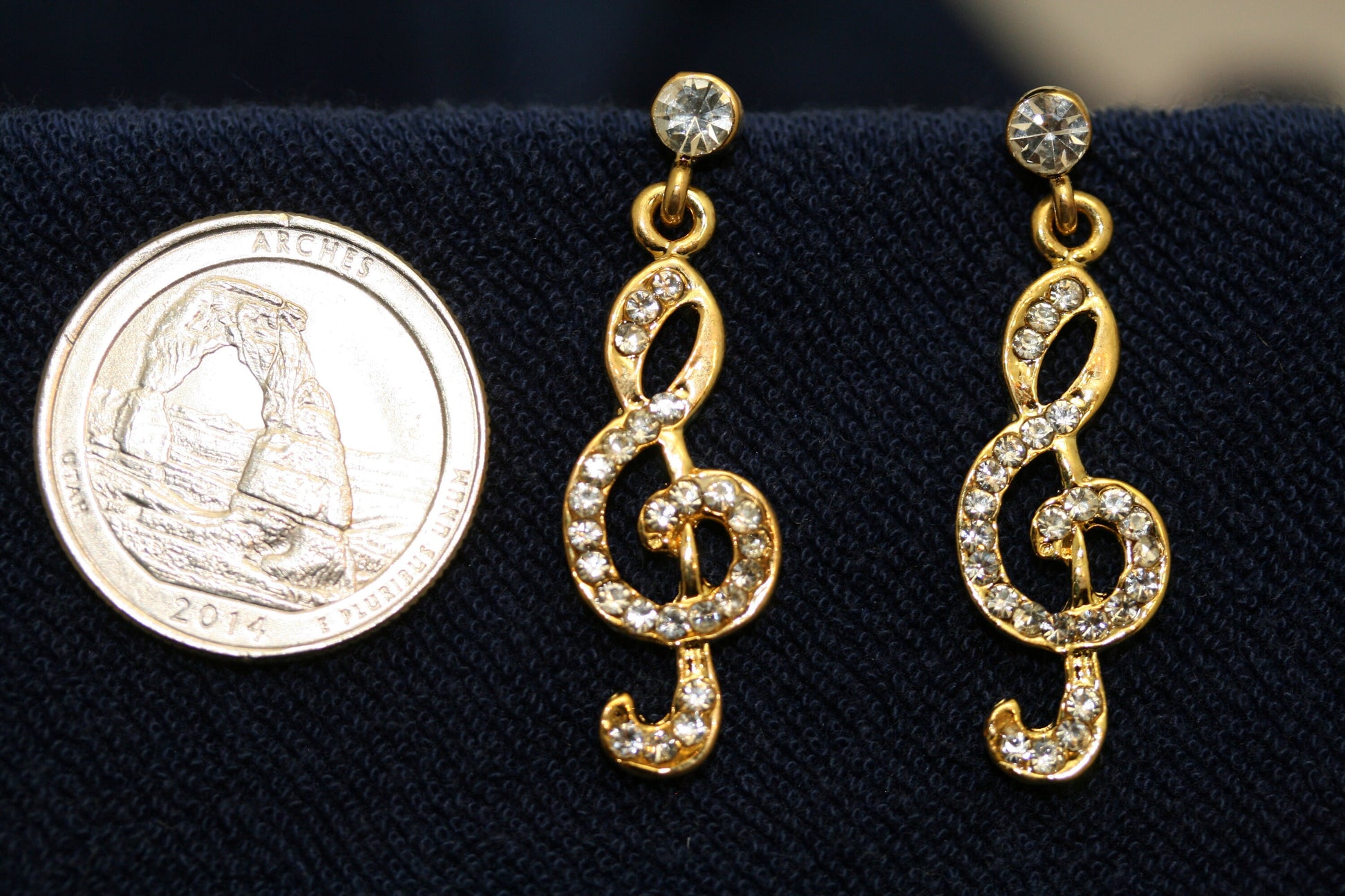 Rhinestone Music Note Brooch/pin With Matching Post Dangle Earring, Gold Music Note Jewelry Set
