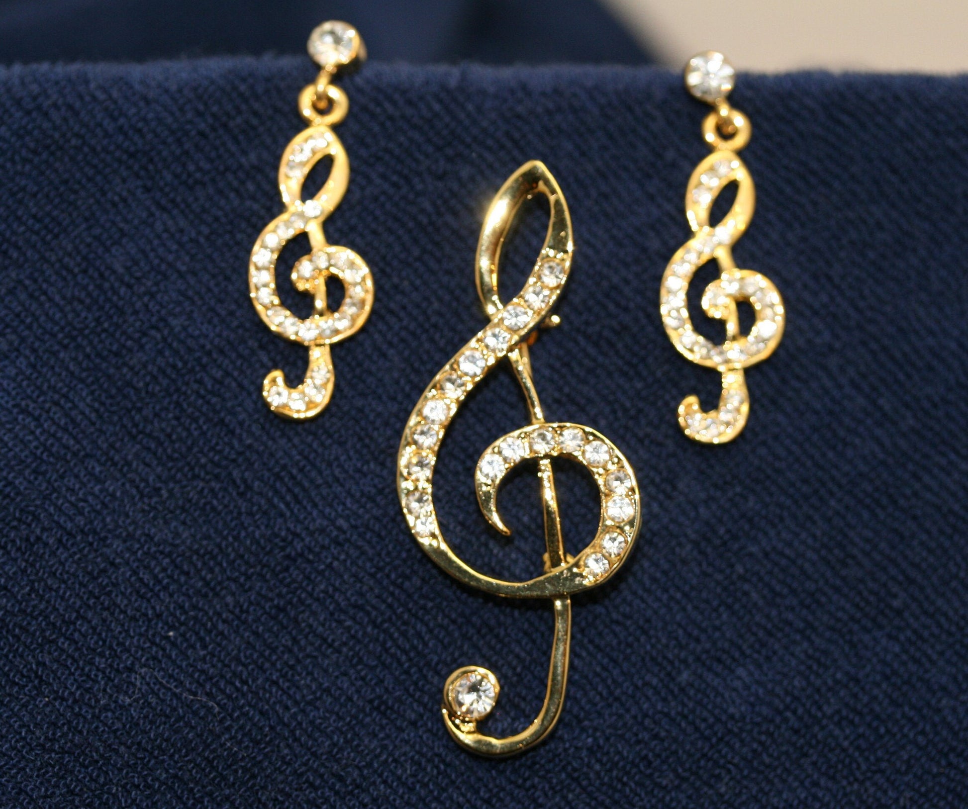 Rhinestone Music Note Brooch/pin With Matching Post Dangle Earring, Gold Music Note Jewelry Set