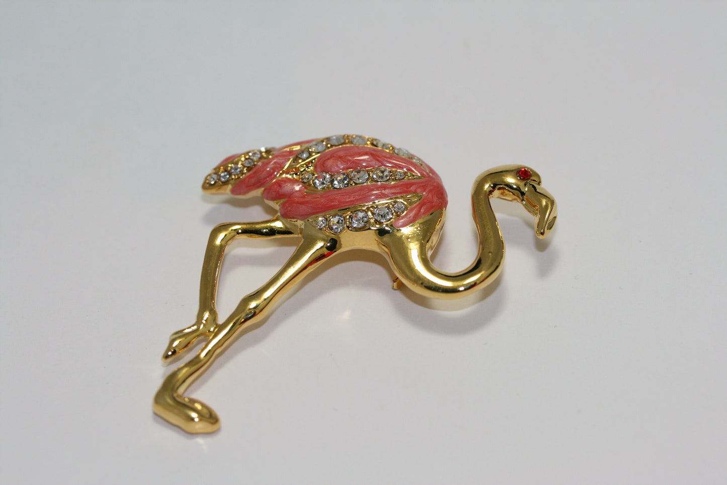 Vintage Pink Flamingo Brooch Pin Crystal Enamel Tropical Island Bird Gold Plated