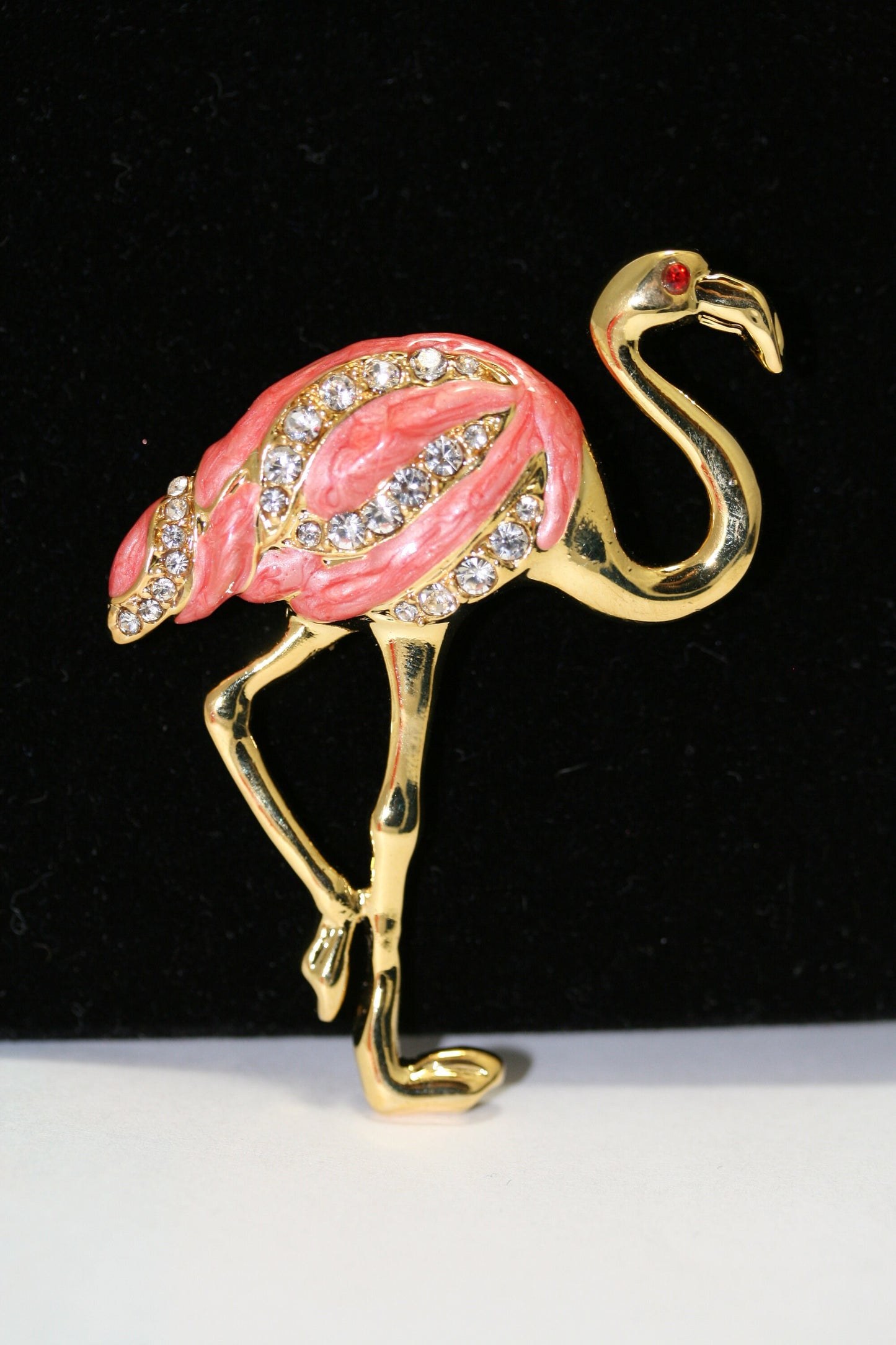 Vintage Pink Flamingo Brooch Pin Crystal Enamel Tropical Island Bird Gold Plated