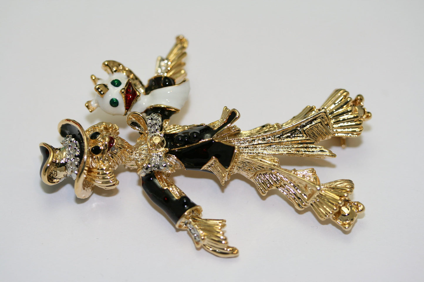 Vintage Scarecrow Pin Brooch Enamel Rhinestone Bird Halloween Jewelry