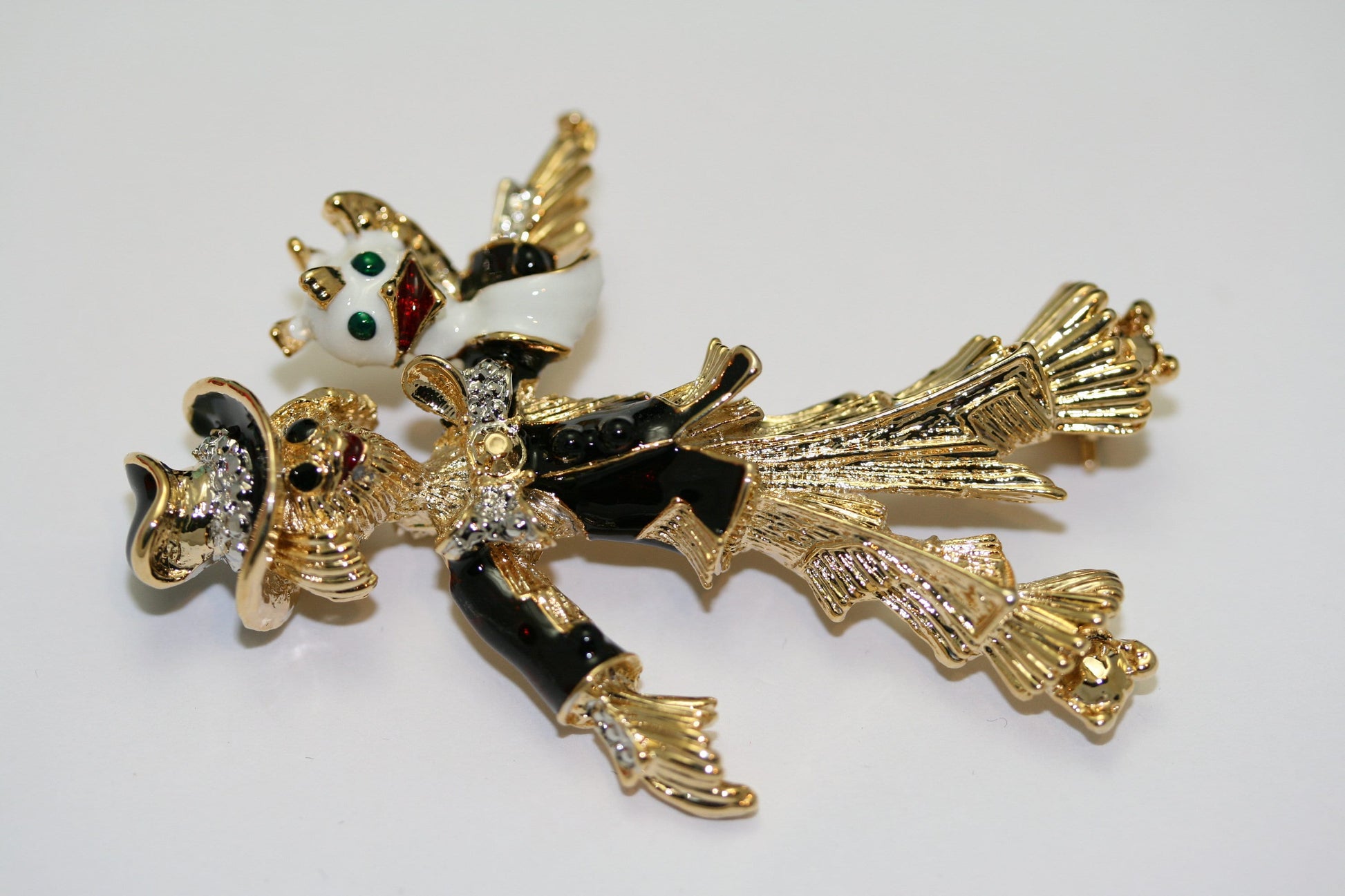 Vintage Scarecrow Pin Brooch Enamel Rhinestone Bird Halloween Jewelry