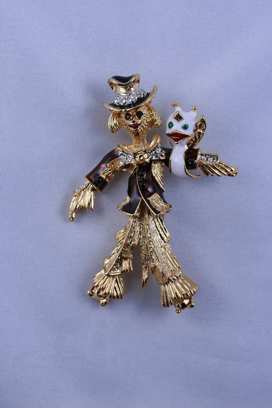 Vintage Scarecrow Pin Brooch Enamel Rhinestone Bird Halloween Jewelry