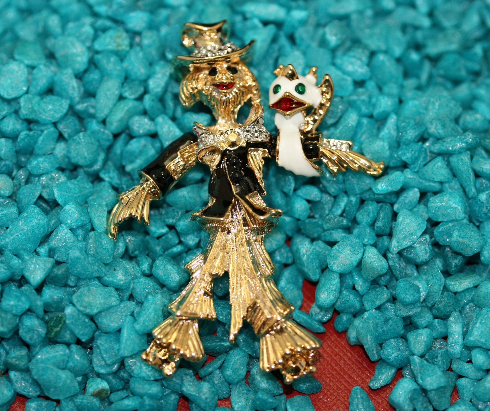 Vintage Scarecrow Pin Brooch Enamel Rhinestone Bird Halloween Jewelry