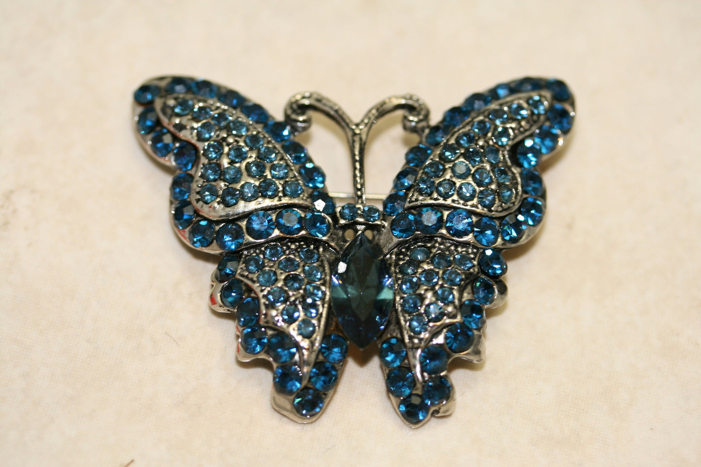 Vintage Crystal Rhinestone Antique Tone Butterfly Brooch Pin, Blue Butterfly Jewelry Gift