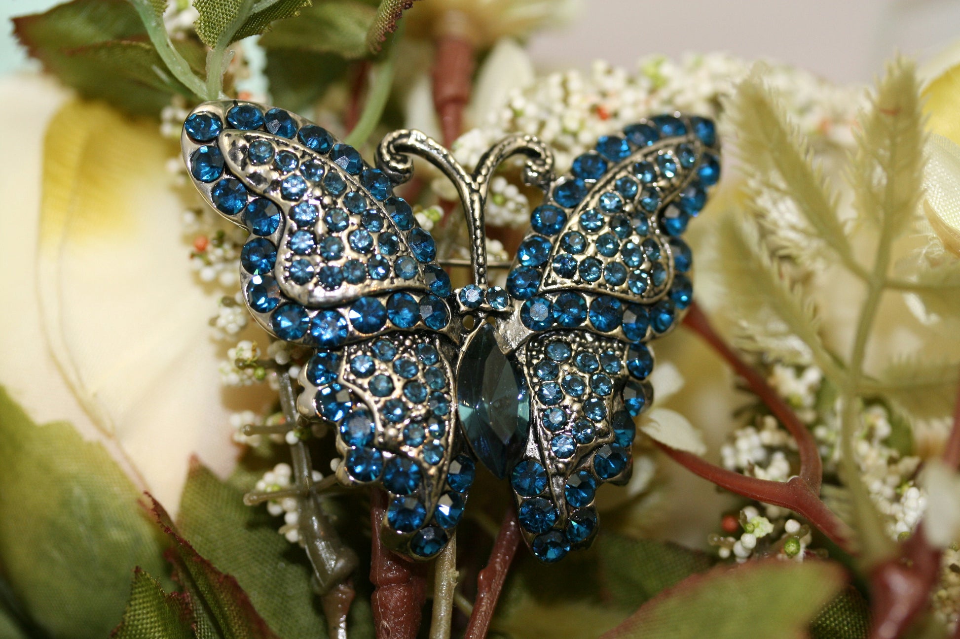 Vintage Crystal Rhinestone Antique Tone Butterfly Brooch Pin, Blue Butterfly Jewelry Gift