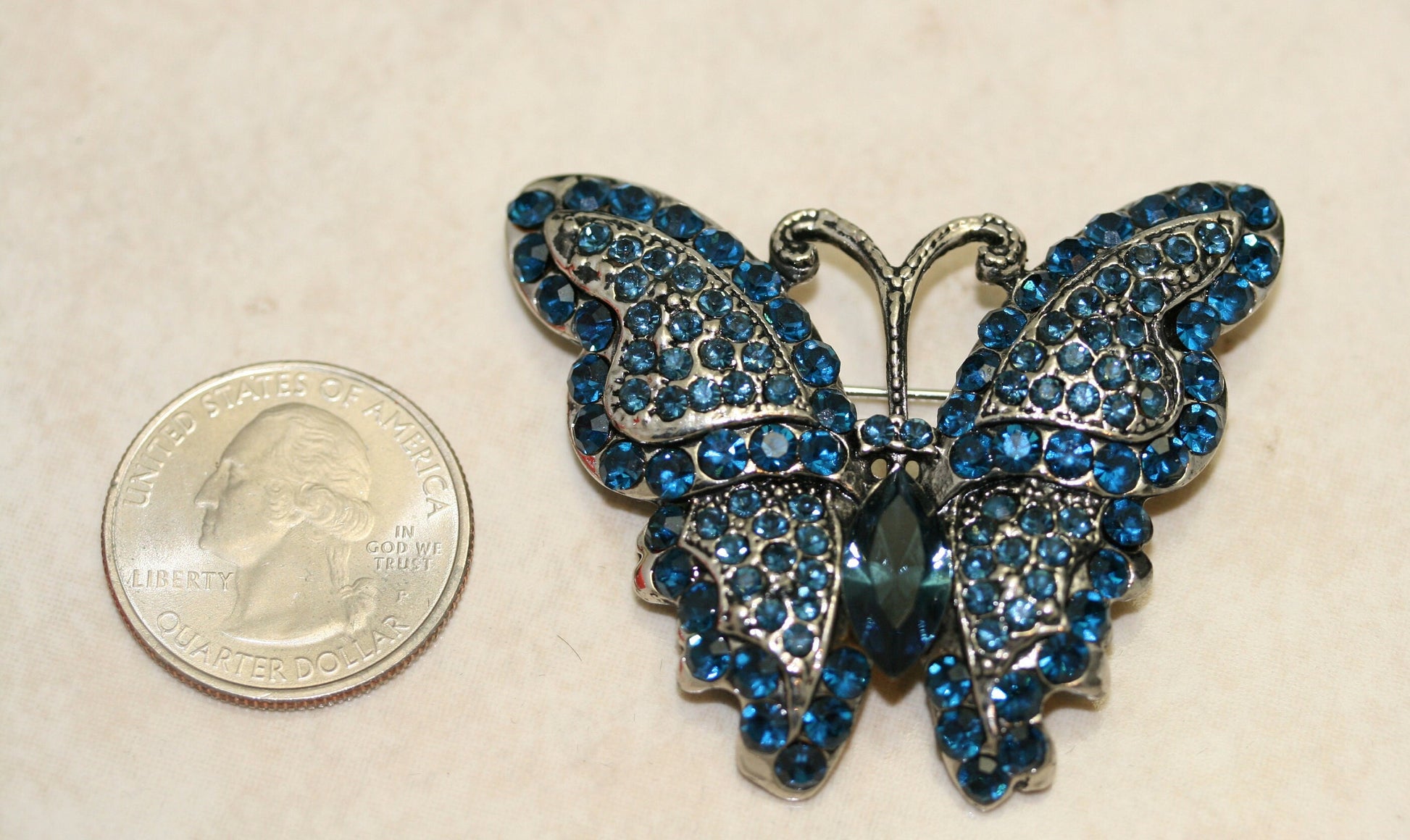 Vintage Crystal Rhinestone Antique Tone Butterfly Brooch Pin, Blue Butterfly Jewelry Gift