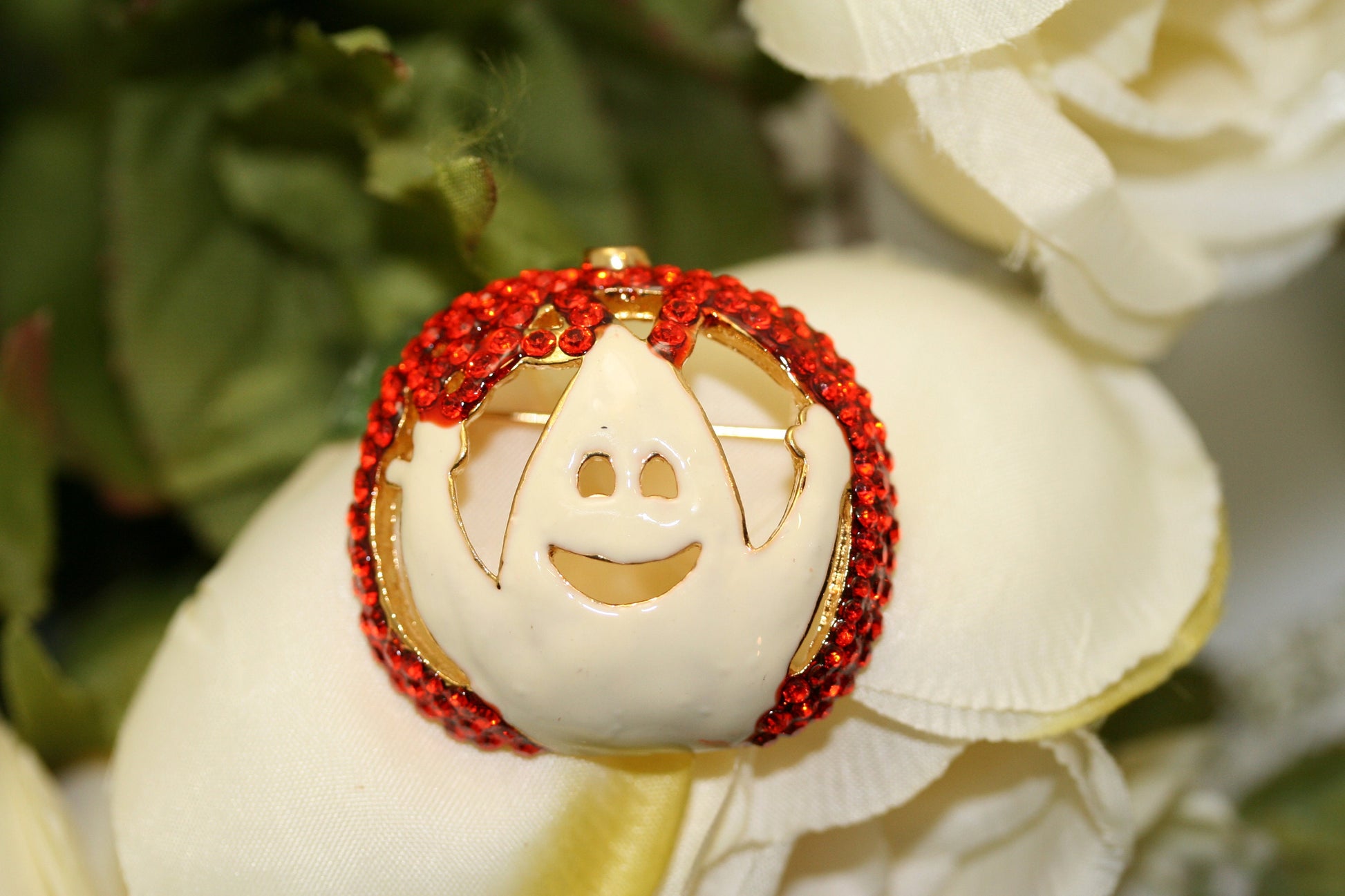 Rhinestone Halloween Orange Color Pumpkin White Enamel Ghost Brooch Pin Jewelry