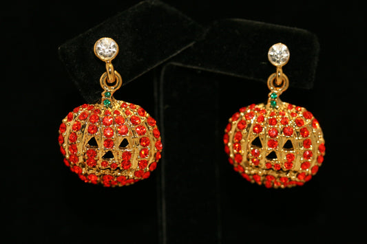 Halloween Pumpkin Drop Dangle Earrings with Orange Crystal Rhinestones, Halloween Earrings, Pumpkin Earrings