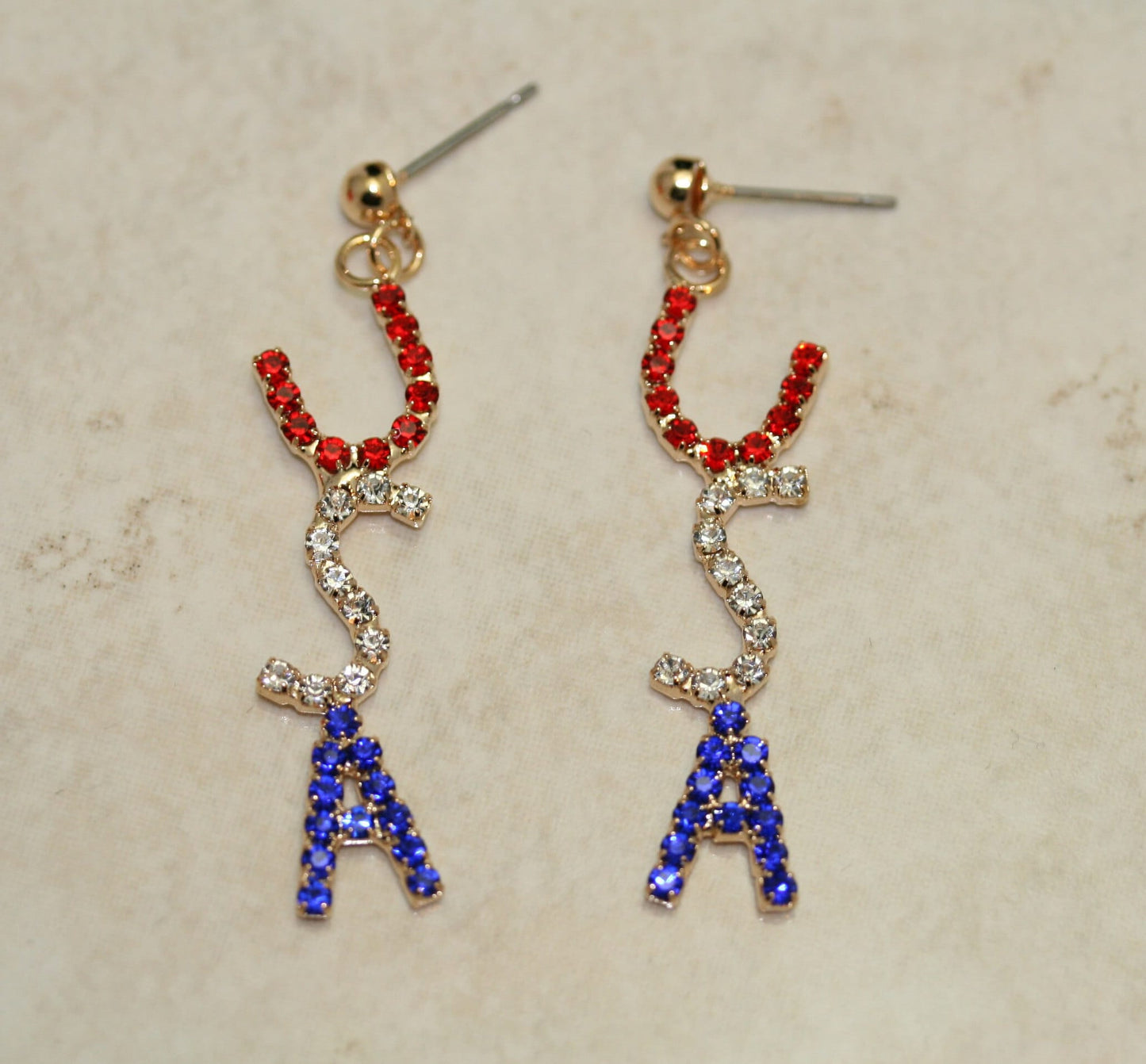 Rhinestone Patriotic Crystal USA Flag Post Dangle Earring Red White & Blue Letters