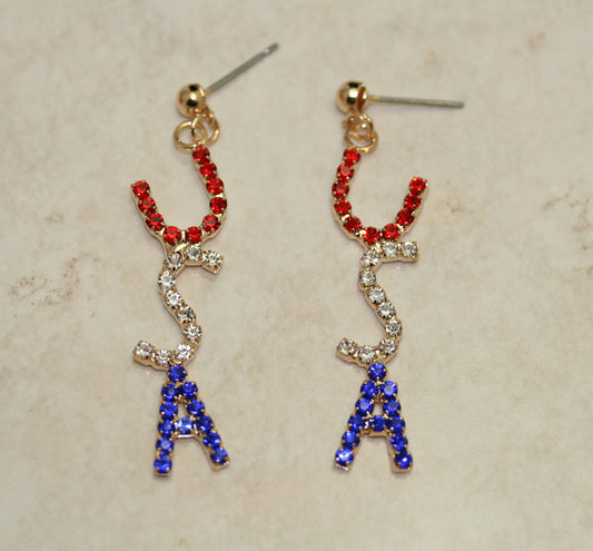 Rhinestone Patriotic Crystal USA Flag Post Dangle Earring Red White & Blue Letters