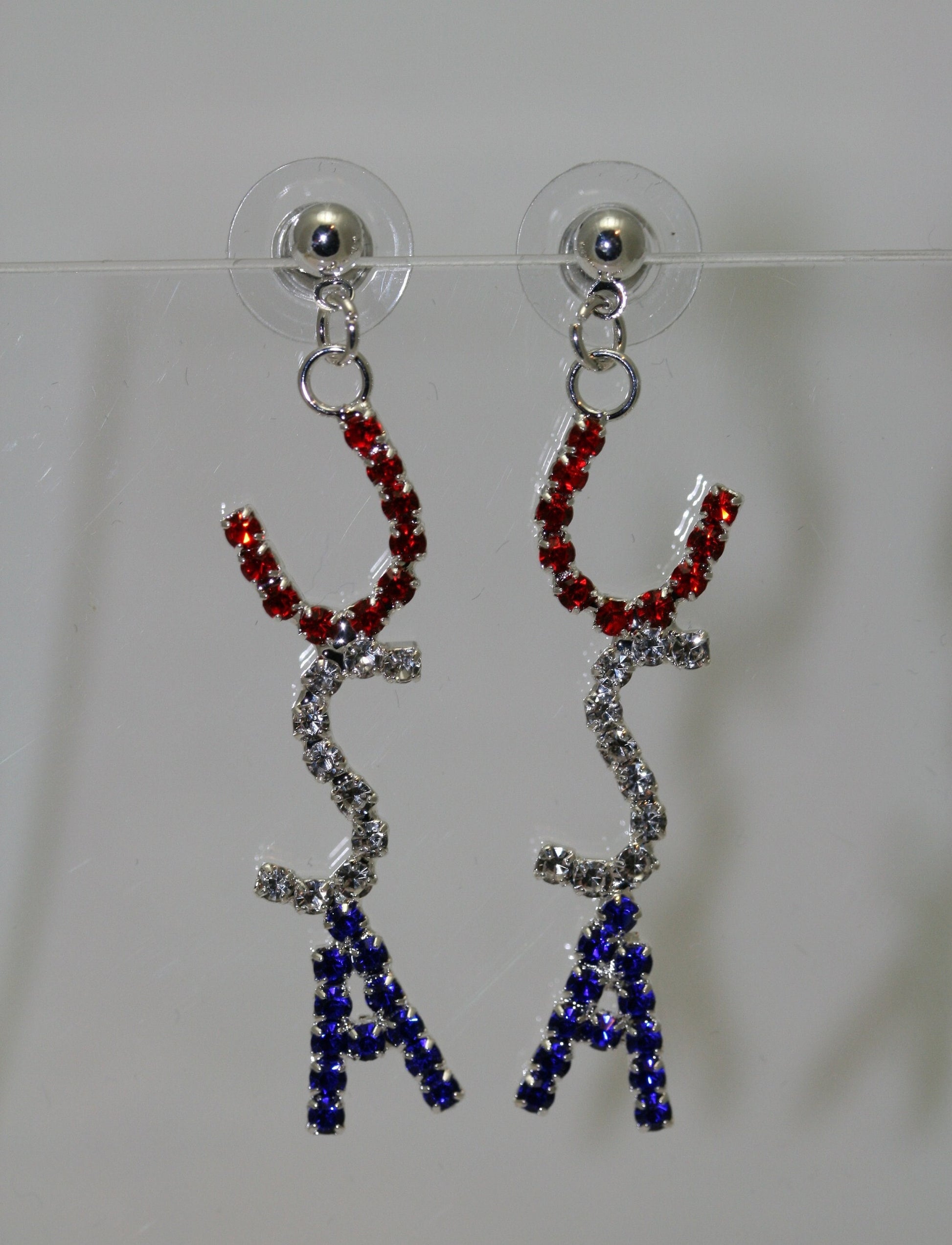 Rhinestone Patriotic Crystal USA Flag Post Dangle Earring Red White & Blue Letters